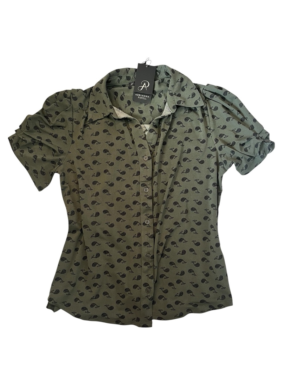 Adrianna Papell Olive Green Button-Front Puff Sleeve Blouse